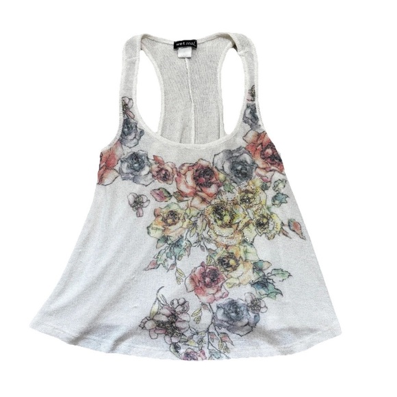 Wet Seal Vintage Y2K Mesh Rhinestone Floral White Camisole Tank Top Beachy Sz M - Picture 1 of 5